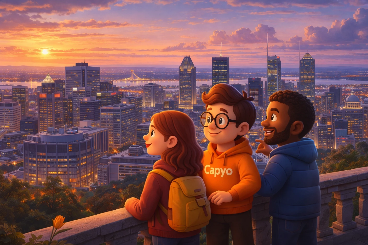 Capyo team illustration with Montreal skyline